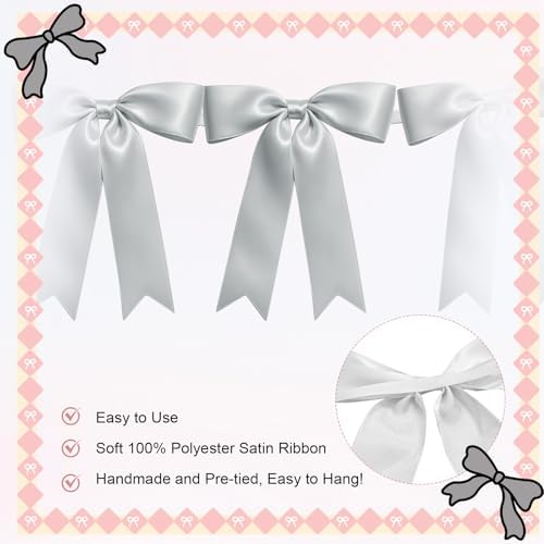 1 String of 8PCS Silver Bow Garland Banner Decoration,Pre-Strung Satin Ribbon Ornaments for Birthday,Bachelorette Party,Bridal Shower,Wedding,Engagement,Baby Shower,Graduation Decor,Anniversary - Image 3