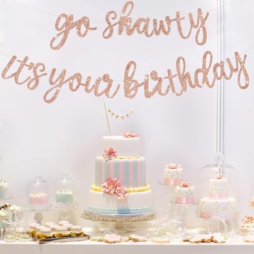 BEISHIDA Rose Gold Go Shawty It's Your Birthday Banner - NO DIY - Hip Hop Theme Glitter Happy Birthday Banner - Pre-Strung - Rose Gold Rap Theme Happy Birthday Sign for Man Women birthday Party Supply - Image 4
