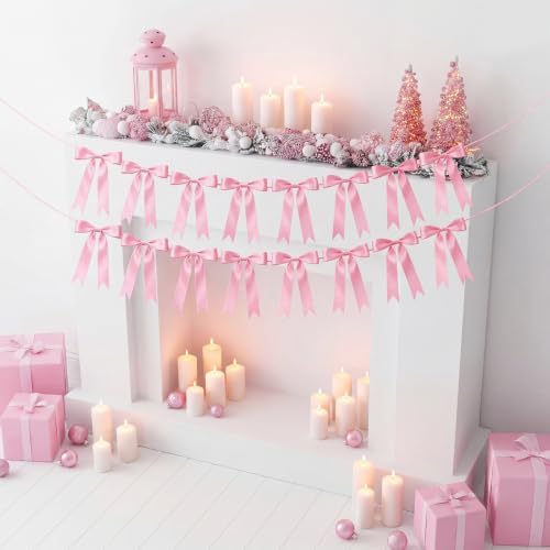 2 Pcs Pink Bow Garland Banner, Pre-Strung Pink Satin Ribbon Bow Garland - Image 4