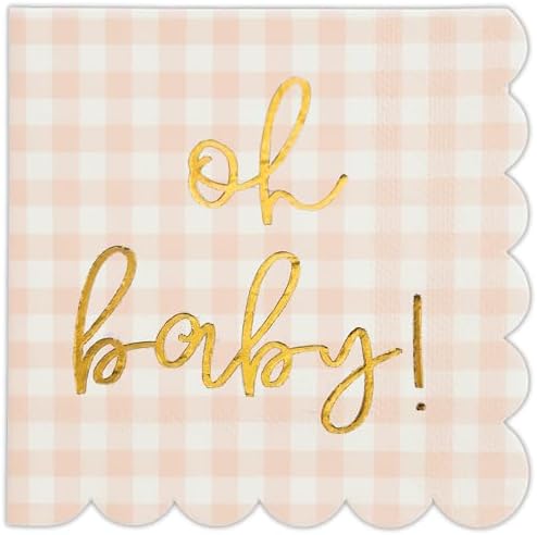 Cloverjoyed 'Oh Baby' Pink Baby Shower Decorations for Girls, Pink Plaid Oh Baby Napkins, Gingham Scalloped It's a Girl Decor, 1st Birthday, Welcome Home, Sprinkles, Pregnancy Announcement, 50 Pack by Cloverjoyed