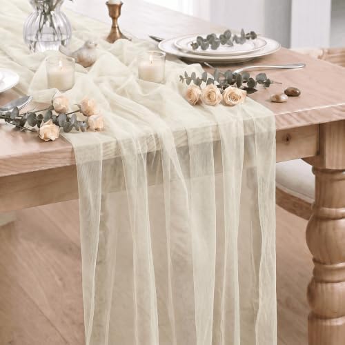 Artoid Mode Beige Gauze Table Runner 28x120Inch, Seasonal Sheer Kitchen Dining Holiday Wedding Birthday Baby Shower Table Decor for Home Party by ArtoidMode