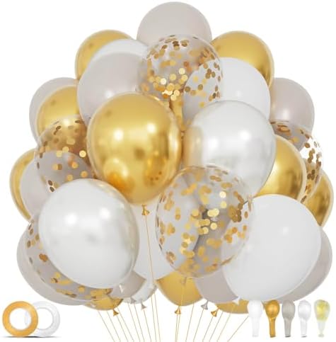 68Pcs Sand White Gold Confetti Balloons Kit 12 Inch Ballons Beige Pearl White Balloon Gold Party Balloons with Ribbons for Birthday Wedding engagement Baby Shower Graduation Decorations. by KUULBELAballoons