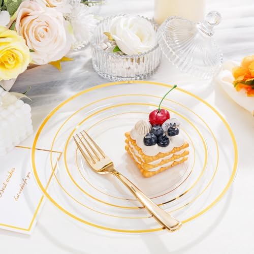 I00000 102 Pcs Clear Gold Plastic Plates, Premium Disposable Party Plates - Image 3