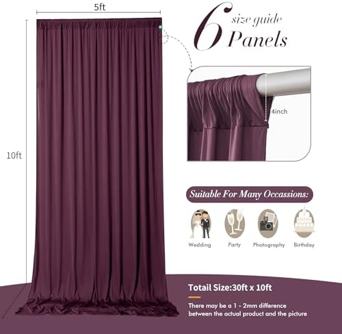 30 ft x 10 ft Wrinkle Free Maroon Backdrop Curtain for Parties, Polyester Burgundy Photo Backdrop Drapes 6 Panels 5x10ft for Baby Shower Wedding Birthday Party Engagement Ceremony Decoration - Image 5