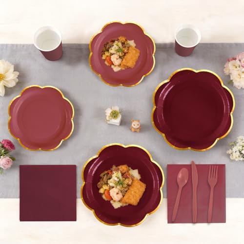 168Pcs Burgundy Paper Plates and Napkins Party Supplies for 24 Guests - Image 6