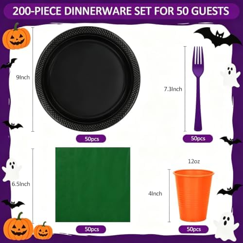 200pcs Black Orange Purple Plastic Plates Party Supplies, Disposable 9’’Dinner Plates and Napkins, Cups & Cutlery Plastic Dinnerware Set for Halloween, Birthday, Themed Party, Serves 50 Guests - Image 2