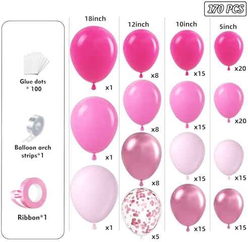 Pink Balloons Garland Arch Kit 170pcs, Hot Pink Metallic Pink Shades of Pink Valentine's Day Balloons for Birthday Wedding Princess Theme Engagements Baby Shower Party Decorations - Image 2