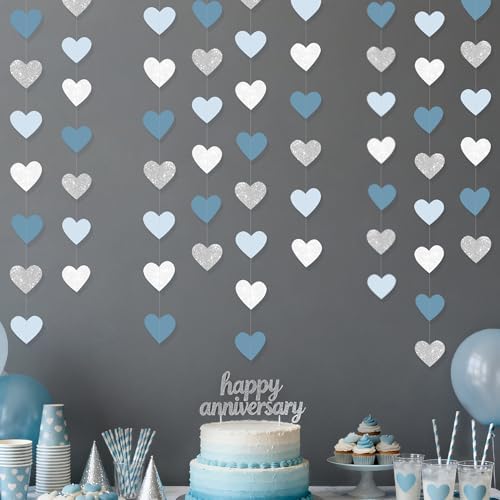 Silver Blue White Heart Party Decorations Dusty Blue Glitter Paper Silver White Love Heart Hanging Garland Streamer Banner for Birthday Valentines Day Anniversary Wedding Shower Party Supplies - Image 5