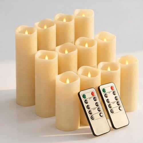 Enido Waterproof Flameless Candles, Set of 12 Battery Operated LED Pillar Candles with 2 Remote Controls & Timer, Flickering Indoor Outdoor Candles for Halloween, Wedding, Home Decor, 4''5''6'' by outdoorcandleswithremote