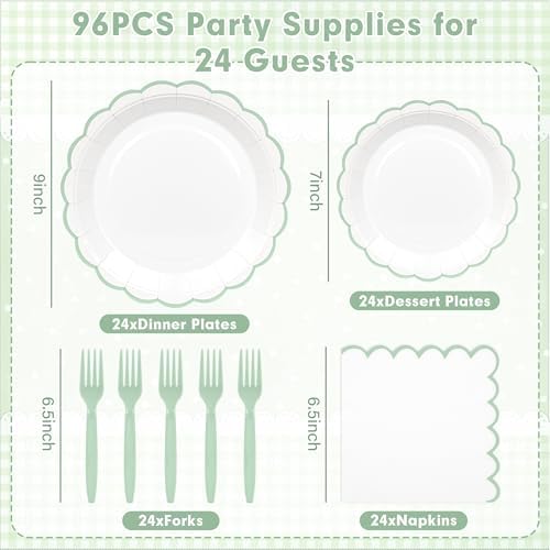 96 Pcs Sage Green and White Paper Plates and Napkins Set Include 9'' White Dinner Plates with Sage Green Scalloped Rim, 7'' Dessert Plates, Napkins & Forks for Baby Shower Wedding Birthday - Image 2