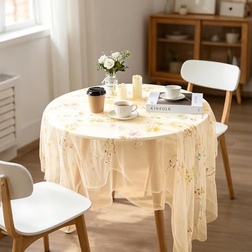 BINBE 3pcs Champagne Florals Table Runner Embroidery Gauze 10FT Daisy Seasonal Tulle Birthday Wedding Holiday Kitchen Dining Table Decor for Home Party - Image 7