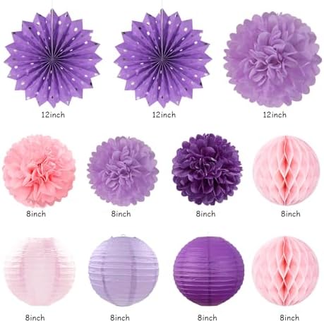 Purple Lilac-Lavender Pink Women Birthday Party-Decorations - 21pcs Happy Banner,Paper Lanterns Honeycomb,Tissue Pom Poms Flower Fan,Classroom Hanging Streamers Garland,Girls Decor Supplies Huglony - Image 2