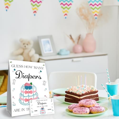 Diapers Baby Shower Decorations,Diaper Cake Birthday Party Game & Activities 50 Cards and Sign - Image 4