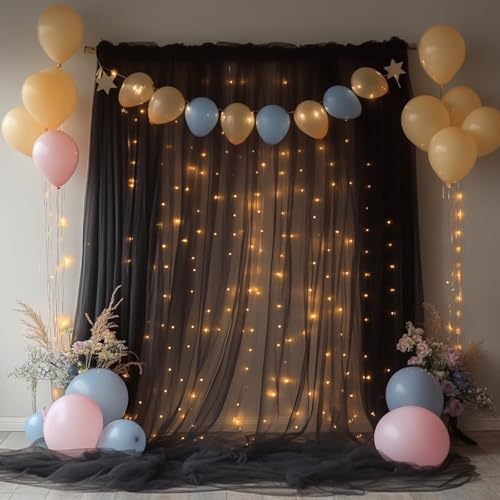 Black Tulle Backdrop Curtain with Lights for Decor, 10x10FT - Image 4