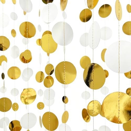 46 Feet White and Gold Circle Dots Garland Hanging Paper Polka Dots Streamer for Birthday Bachelorette Engagement Anniversary Wedding Bridal Shower Christmas Holiday Party Decorations Supplies - Image 3