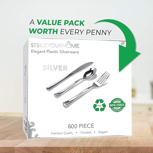 Silver Plastic Silverware Set (600-Pack) – Disposable Heavy Duty Cutlery, 200 Forks, 200 Knives, 200 Spoons for Parties, Weddings, Dinners & Holidays, Stock Your Home - Image 4