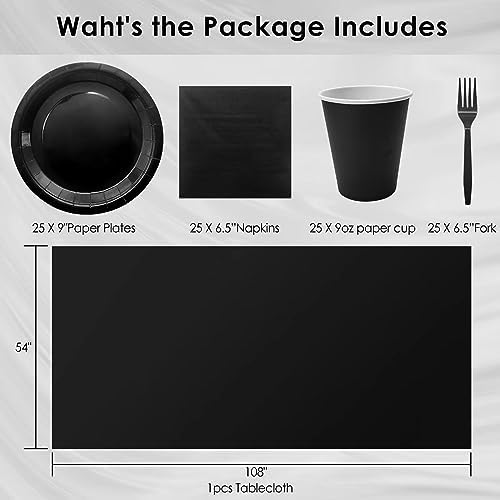 Severs 25 Guests Black Paper Plates Cups Napkins 9 Inch - Image 6
