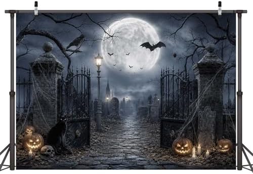 9 x 6 ft Halloween Backdrop Spooky Graveyard Cemetery Full Moon Pumpkin Black Cat Skull Photography Background, Horror Fall Party Decor Photo Booth Props, Kids Birthday Studio Wall Decor Banner - Image 6