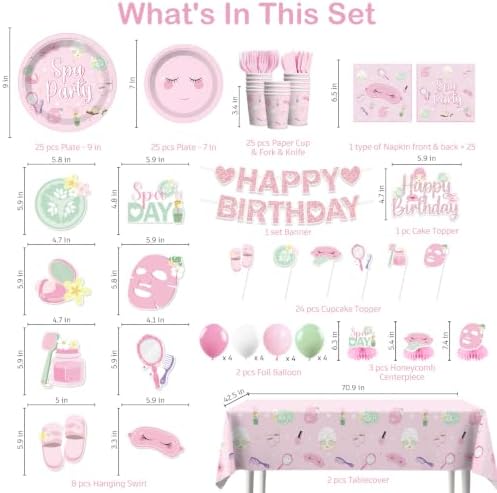 205Pcs Spa Birthday Party Supplies for Girls Tableware Set, 25 Serves - Image 2