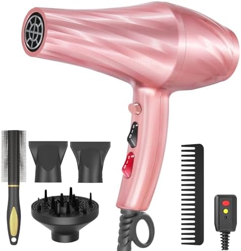 Ionic Hair Dryer,2400W Negative Ion Low Noise Hair Dryer Professional Fast Drying Hair Dryers with 2 Speeds, 3 Heat Settings, Cooling Button,with Diffuser for Curly and Straight Hair（Sakura Pink） by Unknown
