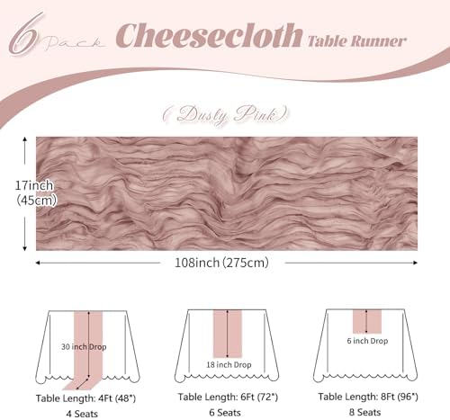 6 Pack Dusty Pink Cheesecloth Table Runner, 17 x 108 inch, Semi Sheer Boho Cheese Cloth Fabric Table Runner Bulk for Wedding, Birthday, Party, Holiday, Home Decor (Dusty Pink) - Image 3