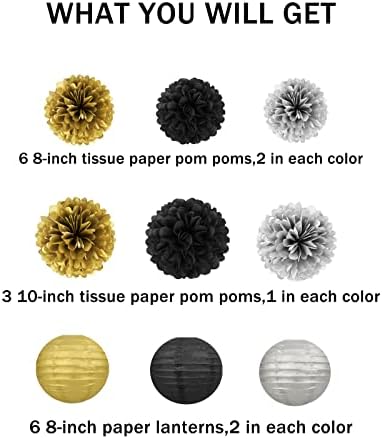 Black Silver Gold Party Decorations - 15Pcs Paper Flowers Tissue Pom Poms Paper Lanterns Graduation Hanging Decor Retirement Decoration 50th 80th 90th Men Birthday Anniversary HongTongTong - Image 2
