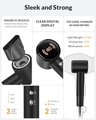 Diffuser Hair Dryer, Ionic Travel Hairdryer with 110000 RPM High-Speed Motor for Fast Drying, 1600W Low Noise&Lightweight Blow Dryer with Concentrator for Women Men, Professional Salon Home (Black) - Image 5