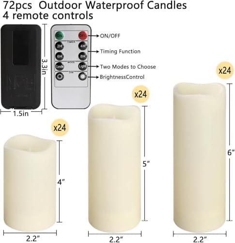 YOROXRG Set of 72 Waterproof Outdoor Flameless Candles, LED Candles with 4 Remote and Timer,(H 4" 5" 6" x D 2.2"),for Halloween Wedding Festiv - Image 3