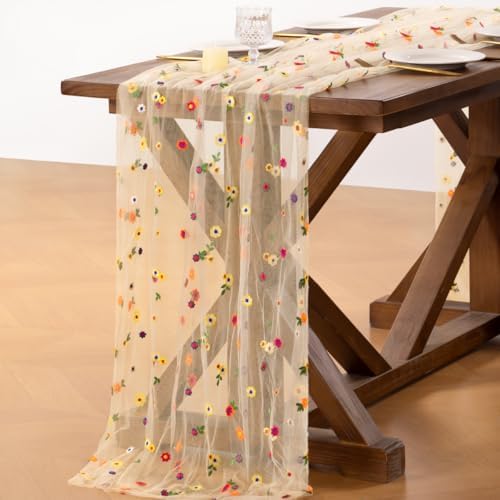 Flower Table Runner Fall Daisy Floral Tulle Cheesecloth Wedding Decor - Image 4