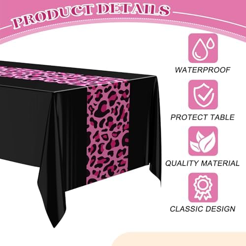 Buryeah 3 Pcs 54 x 108'' Plastic Disposable Leopard Tablecloth, Pink Black - Image 4