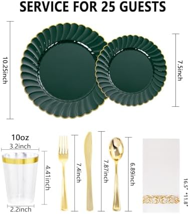 YOUBET 175PCS Green Scalloped Plastic Plates for Party Wedding - Image 2