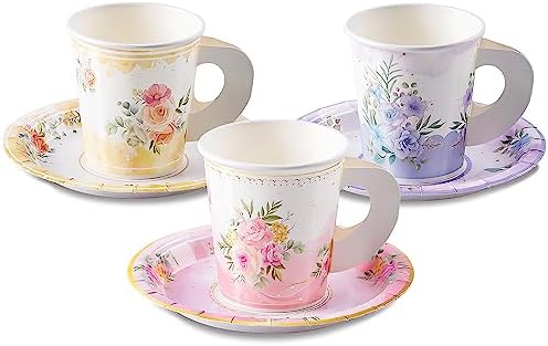 HOMIX 24 Paper Tea Cups and Plates, 7 OZ Disposable Teacups and Saucer Sets by HOMIX
