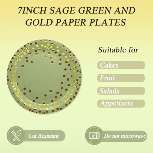 72PCS Sage Green Paper Plates and Napkins - Sage Green Gold Dots Tableware Set Include Dessert Plates,Napkins and Forks Disposable Decoration Supplies for Birthday Graduations Wedding Party,Serve 24 - Image 3
