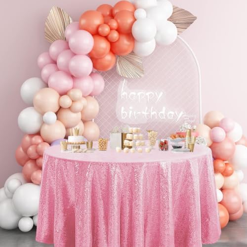 Pufogu 120" Round Pink Sequin Tablecloth Glitter White Table Cloths for Birthday Wedding Bridal Baby Shower Party Decorations - Image 6