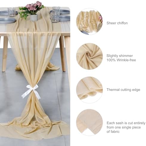 Pack of 5 Chiffon Table Runners 29 x 120 Inch, 10FT Long - Champagne Gold - Image 6