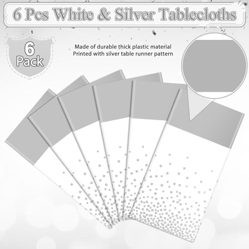 MASHAN 6Pcs White and Silver Polka Dot Plastic Tablecloth, 54x108 Inch, Rectangular, Waterproof, Spill-proof, Stain Resistant, Ideal for Various Themed Parties, 6 Count - Image 4