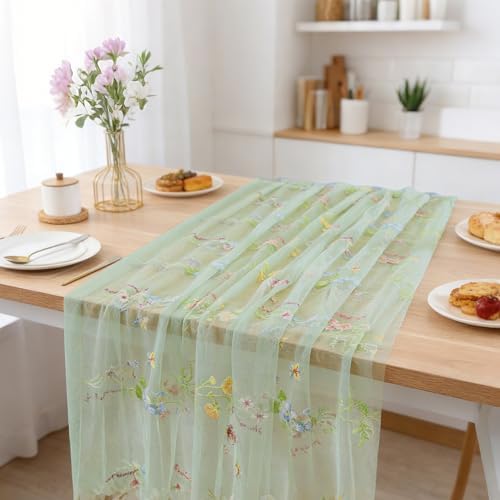 BINBE 1pcs Sage Green Florals Table Runner Embroidery Gauze 10FT Daisy Seasonal Tulle Birthday Wedding Holiday Kitchen Dining Table Decor for Home Party - Image 5