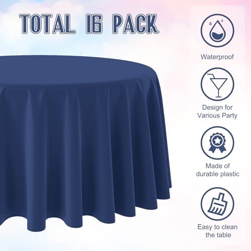 16 Pack Navy Blue Plastic Tablecloth for Round Tables, Premium Decorative Navy Blue Disposable Table Cloths for Parties, Navy Round Party Table Cover for Birthday Wedding Banquet Event, 84 Inch - Image 3