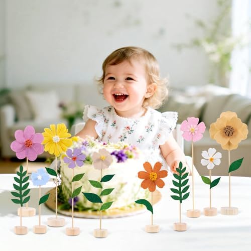 11Pcs Wildflower Party Decorations with Wooden Base, Felt Flowers - Image 5