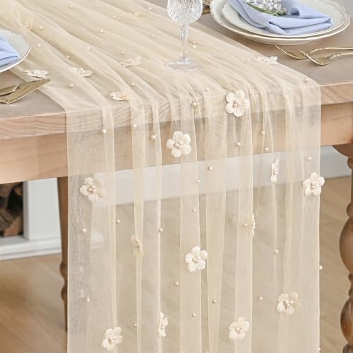 Artoid Mode Flower Pearl Peach Gauze Table Runner 10FT, Seasonal Sheer Dining Holiday Wedding Birthday Baby Shower Table Decor for Home Party by ArtoidMode