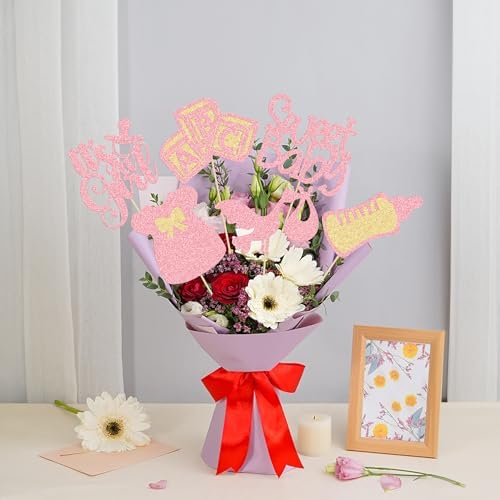Gyufise 12Pcs Baby Shower Centerpiece Sticks Glitter Tie Onesie Oh Baby Gender Reveal It's a Girl Table Centerpiece Sticks for Baby Shower Gender Reveal Kids Birthday Party Supplies Pink - Image 6