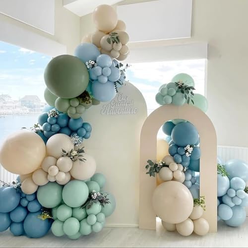 Dusty Blue Sage Green Balloon Arch Kit, 140Pcs Fog Blue and Light Blue Green Sand White Balloons Different Size with Heart Foil Balloon for Baby Shower Bridal Anniversary Birthday Party Decorations - Image 6