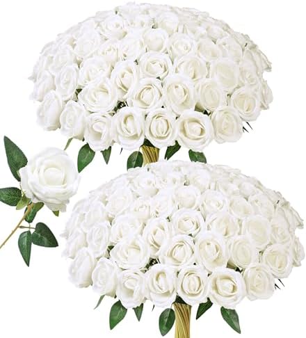 50 PCS White Roses Artificial Flowers, Fake Roses with Stems Realistic Silk Roses for DIY Wedding Bouquets Tables Centerpieces Arrangements Party Baby Shower Birthday Home Decor Christmas Gift for Her by HyeFloraartificialflowers