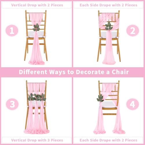 QueenDream Pink Chair Sashes Wedding: 16 Pieces Long Sheer Wedding Aisle Chair Decorations Tulle Chairs Covers with Artificial Eucalyptus - Image 3