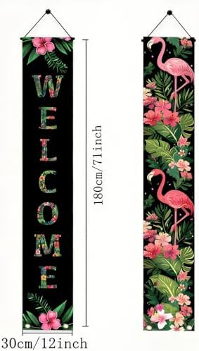 BlissYard 2pcs Black Pink Flamingo Door Banner Summer Hawaiian Porch Banners Sign Sunshine Hibiscus Floral Front Door Hanging Decor Banner for Seasonal Home Hawaii Tropical Party Outdoor Decorations - Image 2