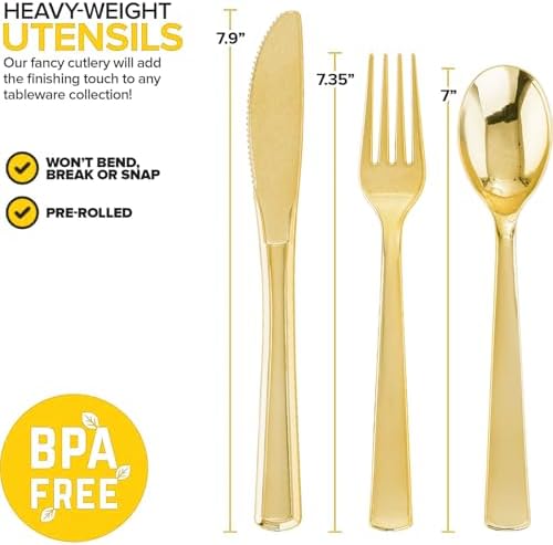 50Pack Pre Rolled Gold Plastic Silverware Set Heavy Duty for Party - Image 6