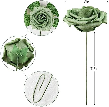 AmyHomie Green Rose 25pcs Real Looking Artificial Flowers w/Stem - Image 2