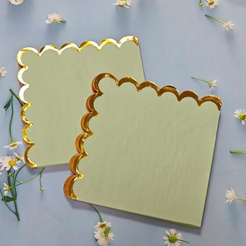 100 pack Sage Green Cocktail Napkins with Gold Foil Accents Scalloped Edges 5 x 5 inch Beverage Disposable Napkin Party Decoration Wedding Bridal and Baby Shower Dinner Lunch Supplies - Image 6