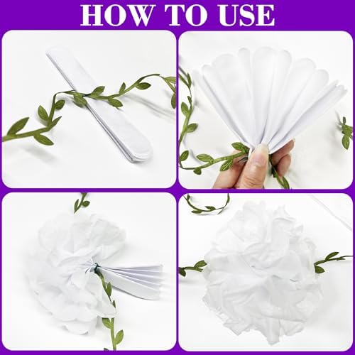 Ombre Purple White Party Decorations Lavender White Tissue Paper Flowers Pom Pom with Leaf Ribbon Hanging Garland Streamer for Birthday Bachelorette Wedding Lilac Violet Party Supplies - Image 3