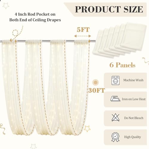 6 Panels Beige Ceiling Curtains with Lights for Weddings - 5ftx30ft Wrinkle-Free Tulle Fabric Wedding Arch Draping Ceiling Drapes Decorations for Wedding Party Ceremony Stage Tent Event - Image 2